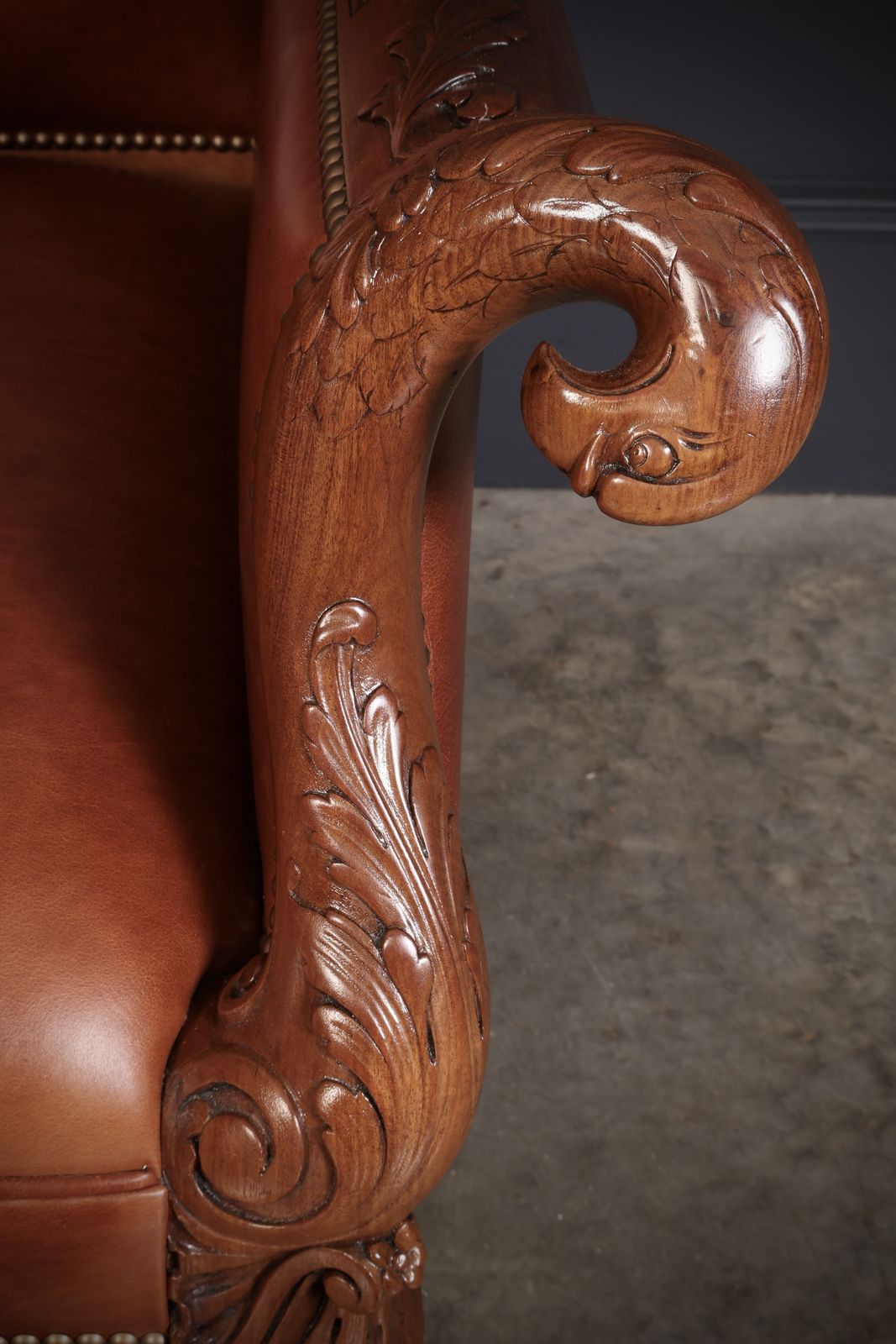 Furniture Pair Of Carved Mahogany & Leather Library Armchairs photo