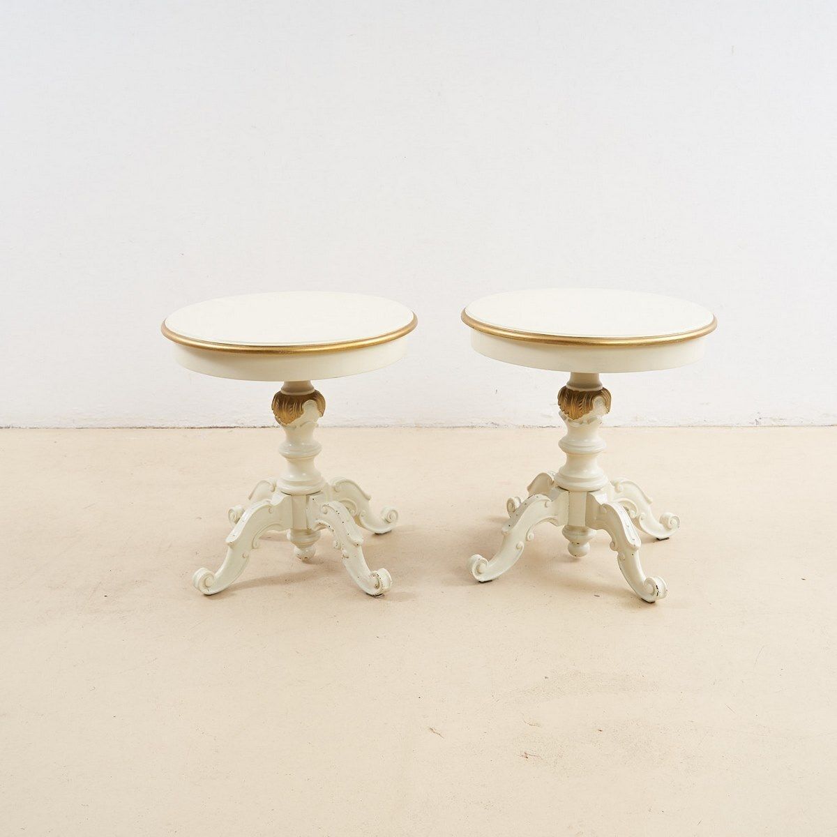 Pair Of White Lacquered Wooden Tables With Gold Details