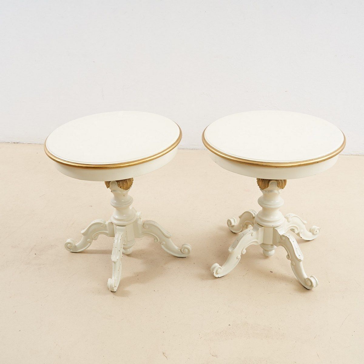 Pair Of White Lacquered Wooden Tables With Gold Details photo vinterior