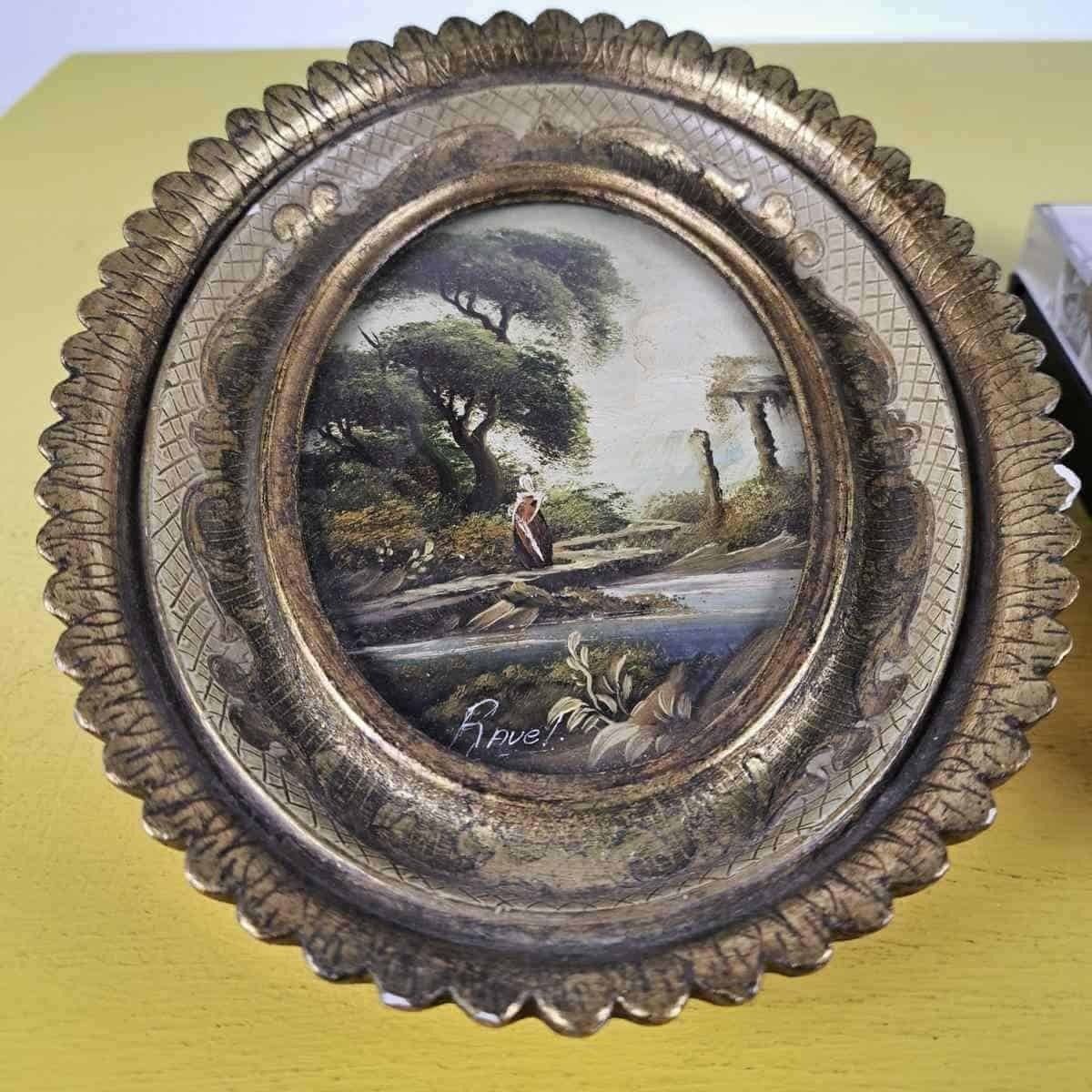 Pair Of Vintage Paintings With Oval Wooden Frame photo furniture