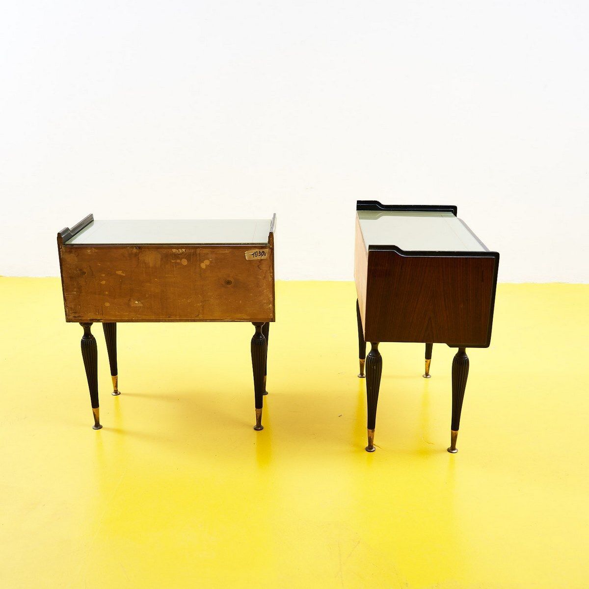 photo furniture Pair Of 50's Bedside Tables With Glass Top