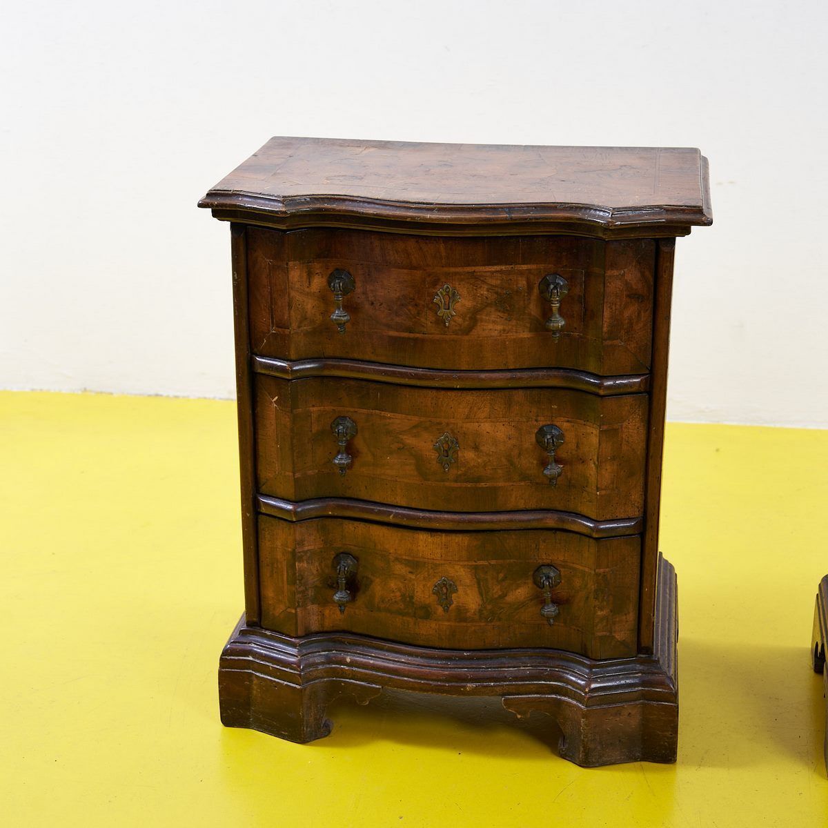 Pair Of Vecchia Cerea Bedside Tables, Early 1900s, In Walnut Wood, Slabed And Threaded, With Three Mossi Drawers photo for sale