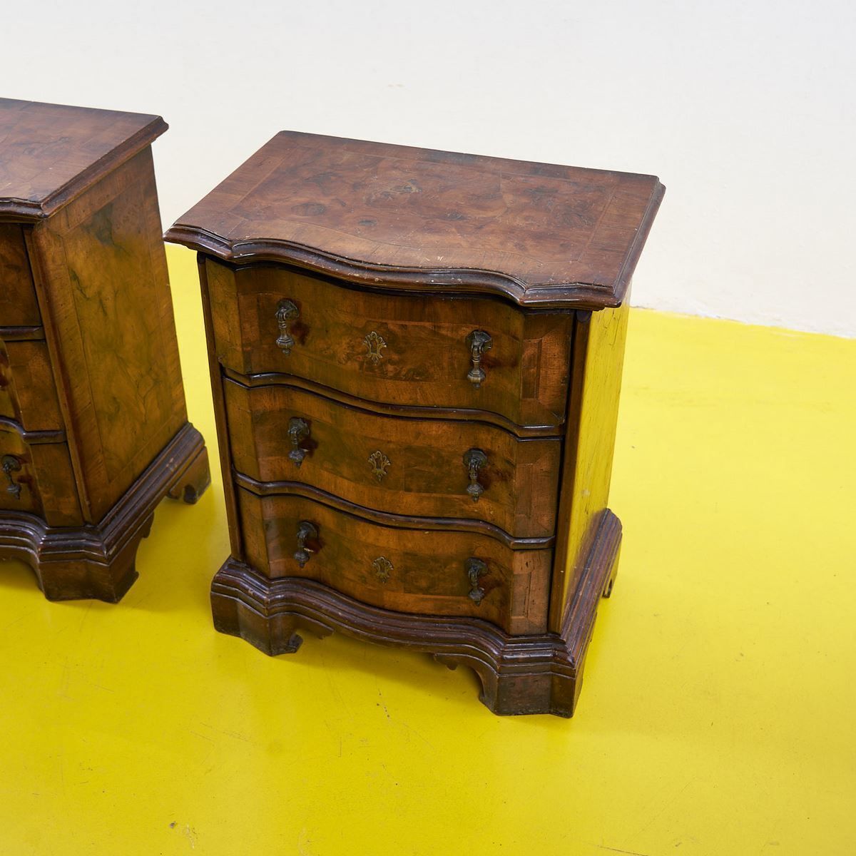 Pair Of Vecchia Cerea Bedside Tables, Early 1900s, In Walnut Wood, Slabed And Threaded, With Three Mossi Drawers photo Furniture