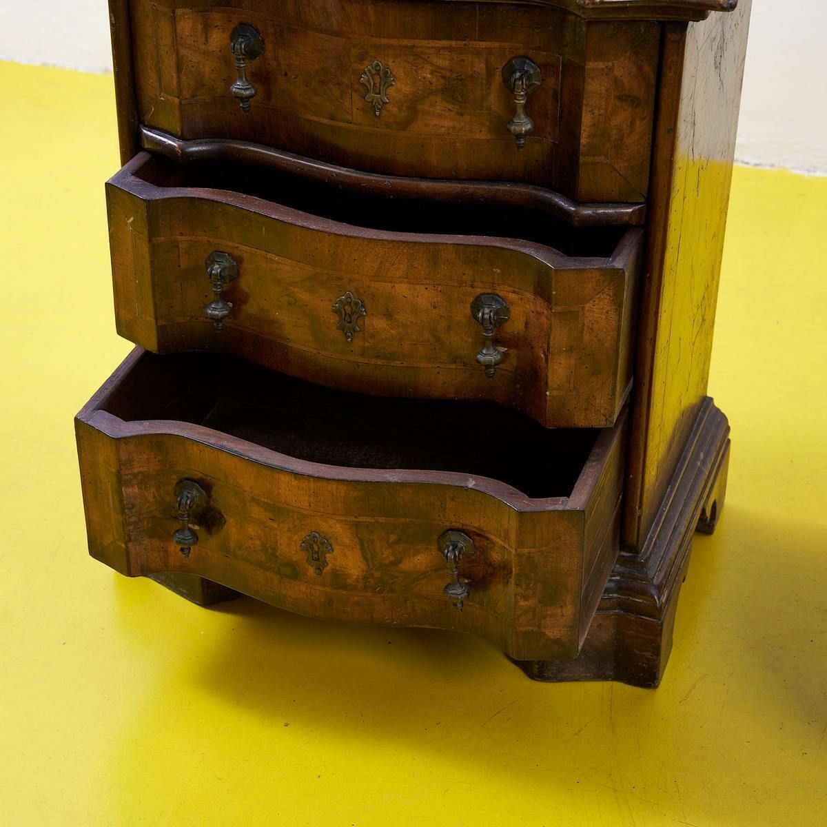 Pair Of Vecchia Cerea Bedside Tables, Early 1900s, In Walnut Wood, Slabed And Threaded, With Three Mossi Drawers photo vinterior