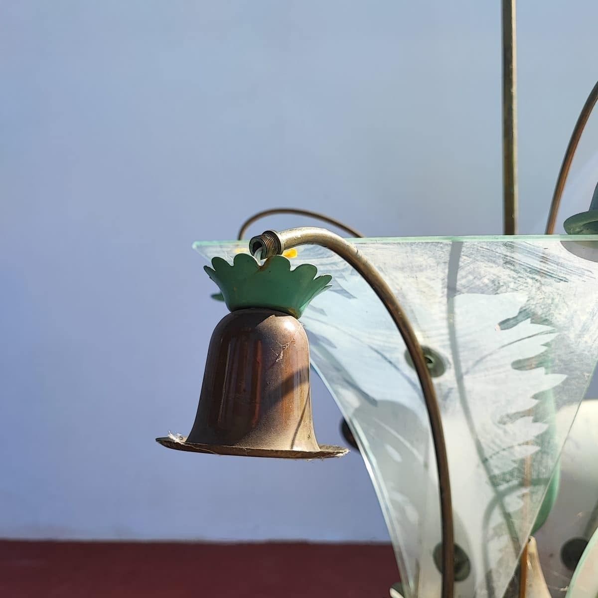 Elegant Chandelier From The 30s/40s In Metal And Silkscreened Glass photo for sale