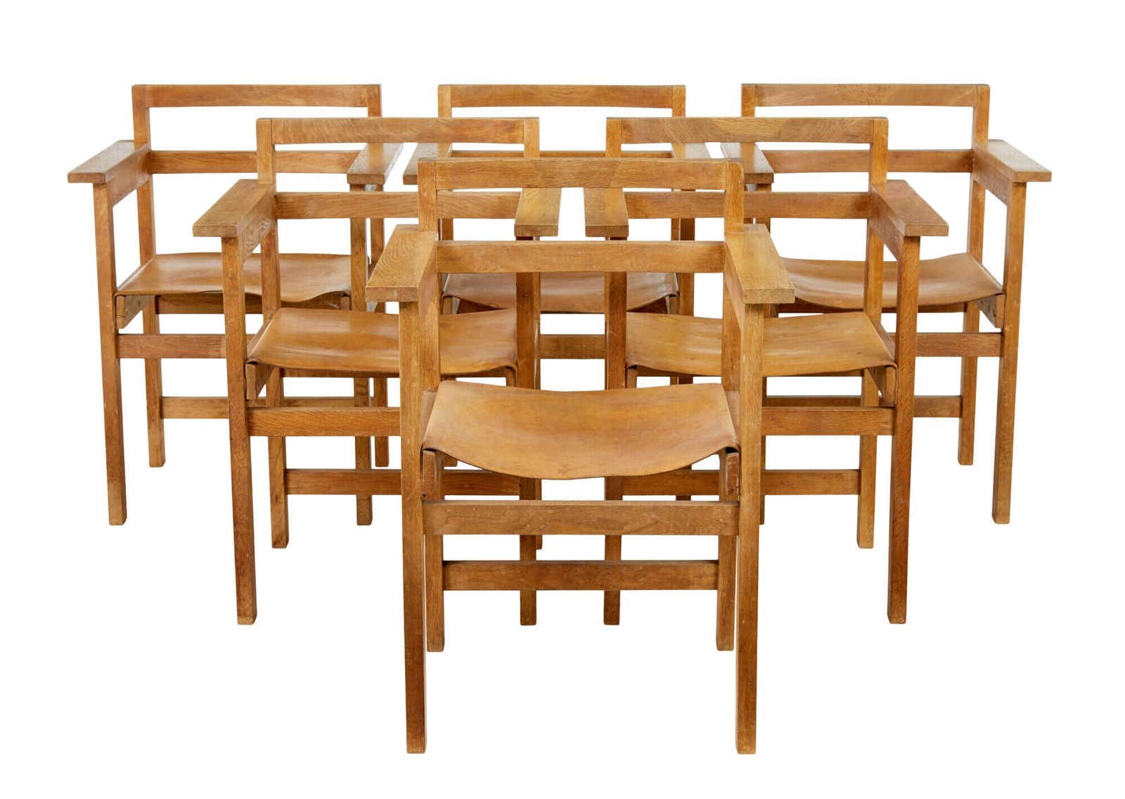 Set Of 6 1960’s Scandinavian Modern Oak And Leather Armchairs