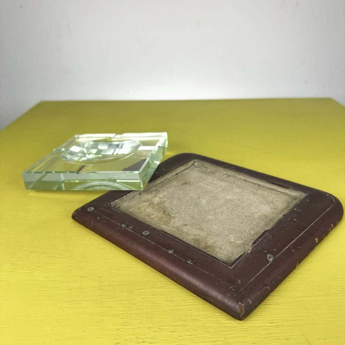 Vintage Glass Ashtray With Wooden Base Covered In Leather, Attributed To Fontana Arte photo vinterior