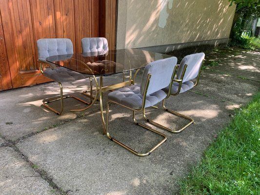 Vintage Italian Dining Chairs And Table In Brass, 1970s, Set Of 5 photo furniture