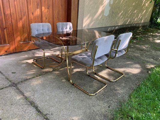 Vintage Italian Dining Chairs And Table In Brass, 1970s, Set Of 5 photo for sale