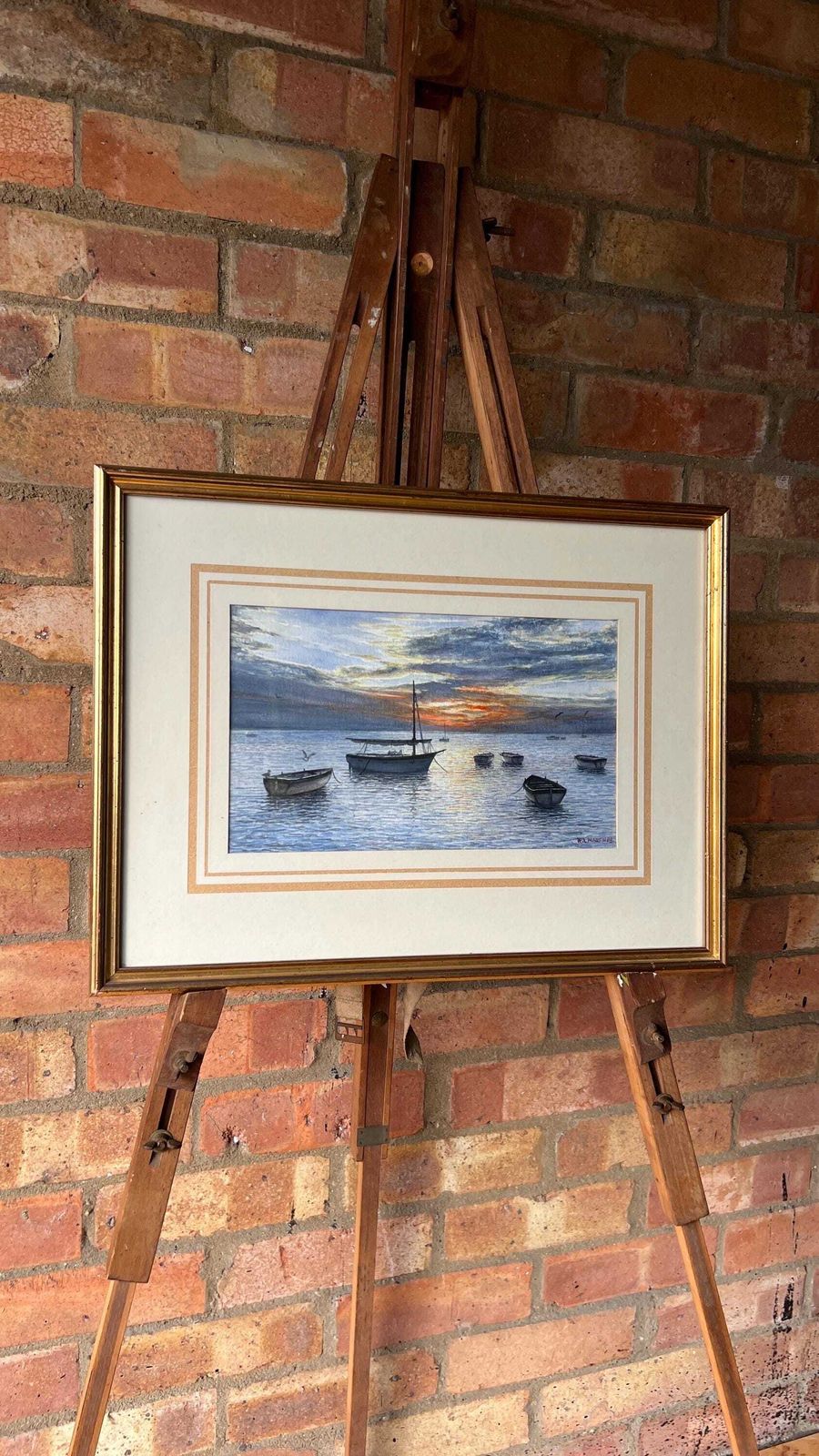 1983 Signed Watercolour Coastal Sunset Featuring Boats By R. L. Martin