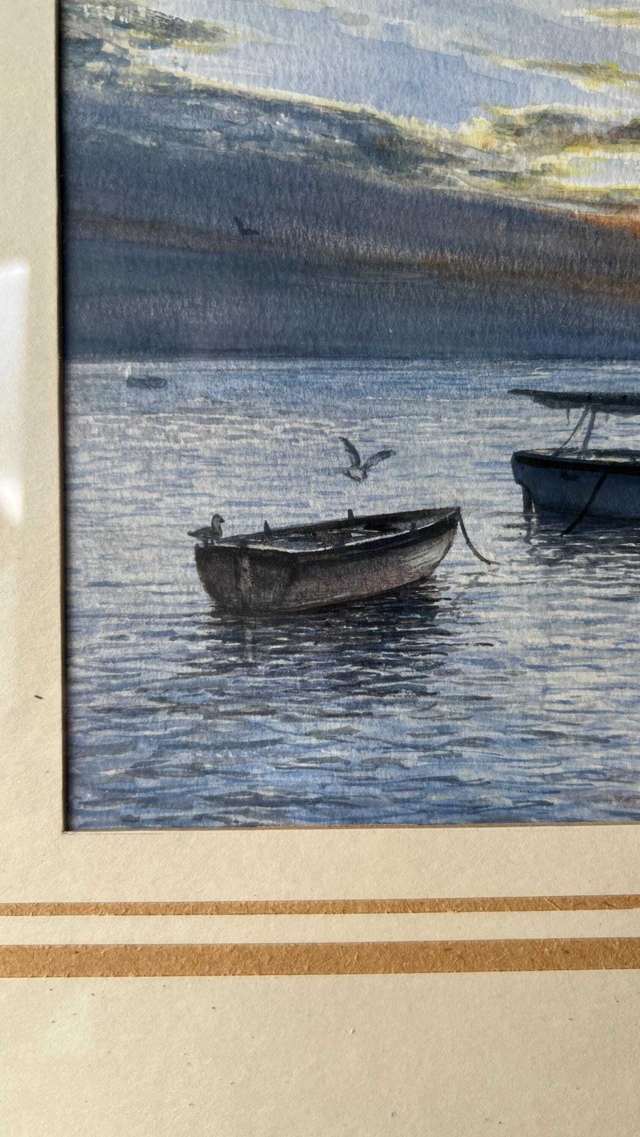 1983 Signed Watercolour Coastal Sunset Featuring Boats By R. L. Martin photo Art