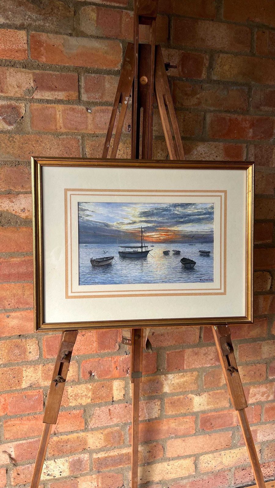 photo for sale 1983 Signed Watercolour Coastal Sunset Featuring Boats By R. L. Martin