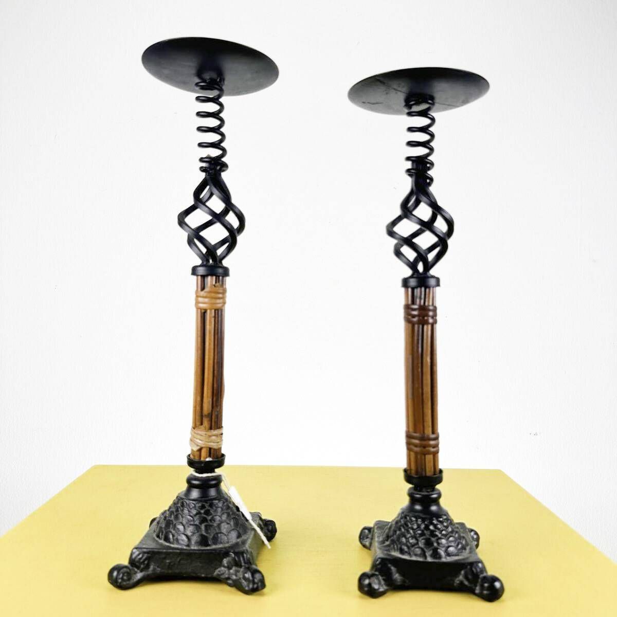 Pair Of Ethnic Candle Holders In Metal And Wood