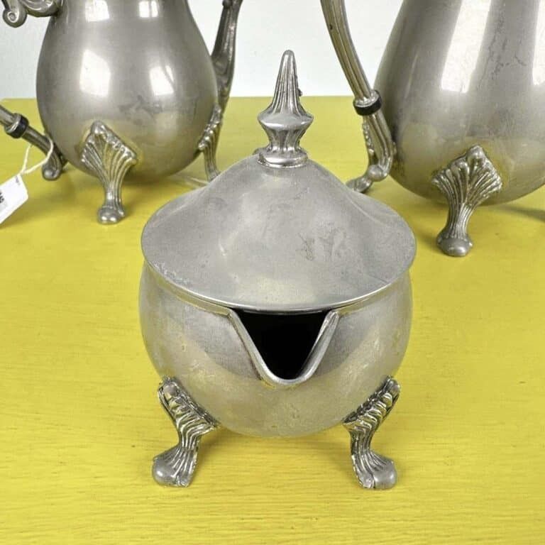 Pair Of Vintage Metal Teapots And Milk Jug photo for sale