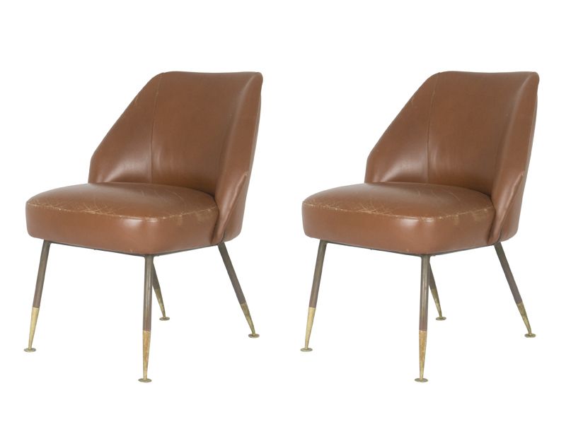 photo for sale Set Of Campanula Armchairs In Brown Leather And Brass By Carlo Pagani For Arflex, 1952