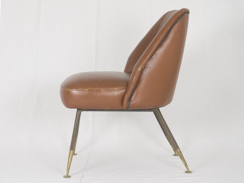 photo vinterior Set Of Campanula Armchairs In Brown Leather And Brass By Carlo Pagani For Arflex, 1952