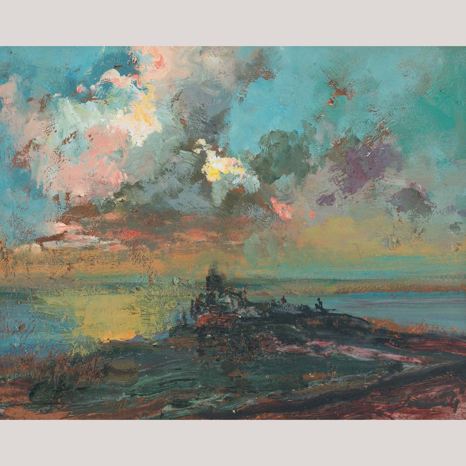 Expressief Impressionistisch Kustzonsondergang Wolkenstudie – Olieverfschilderij