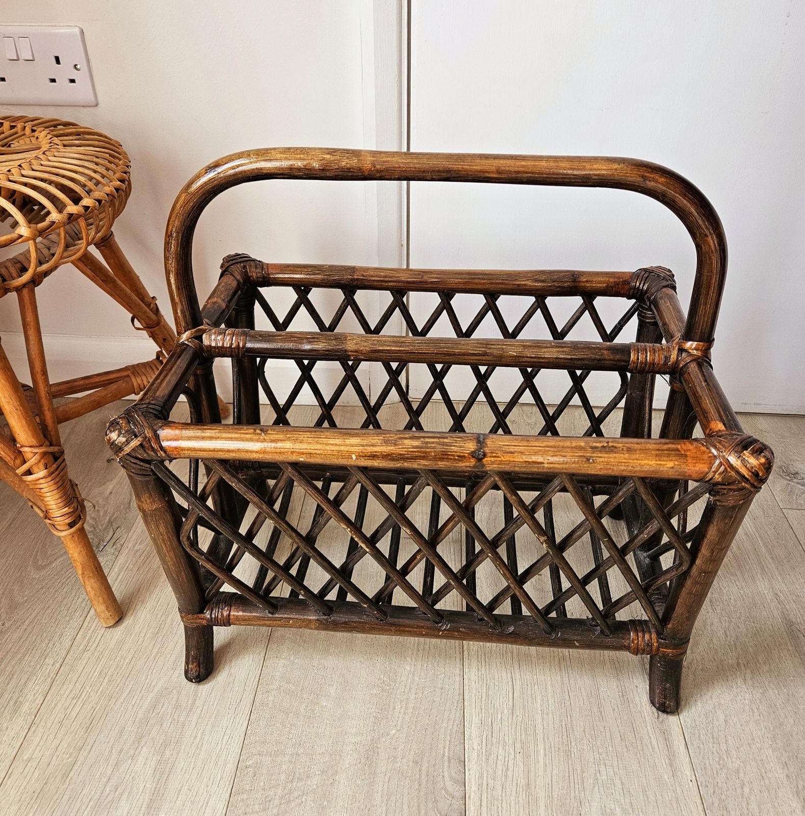 Large, Mid Century Magazine Rack In Dark Varnished Bamboo photo 84.0