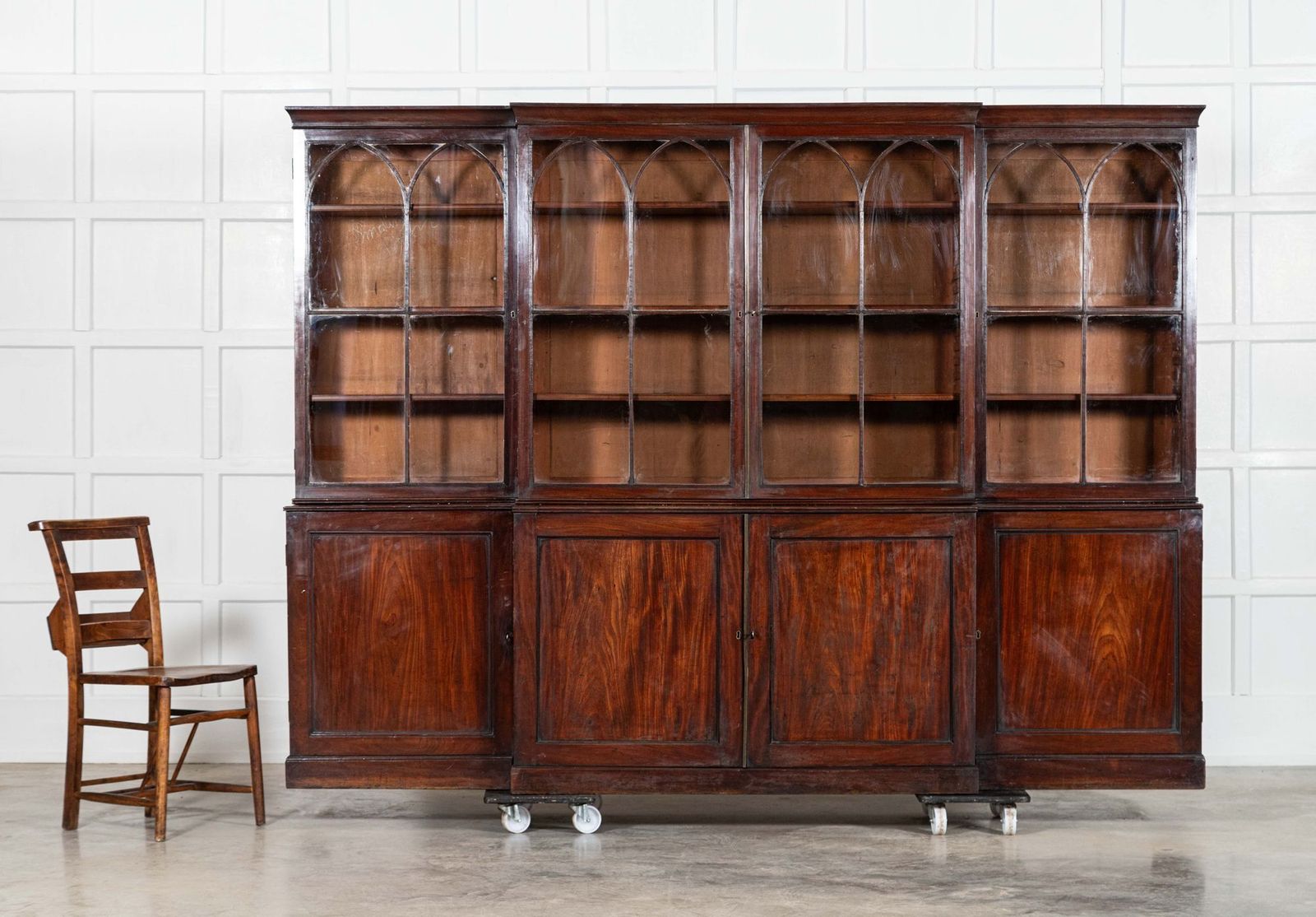 Monumental English Early 19thc Astral Arch Glazed Mahogany Breakfront Bookcase photo Furniture