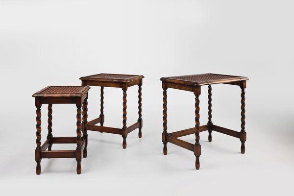 20th Century Oak And Rattan Nesting Tables, Set Of 3 photo vinterior