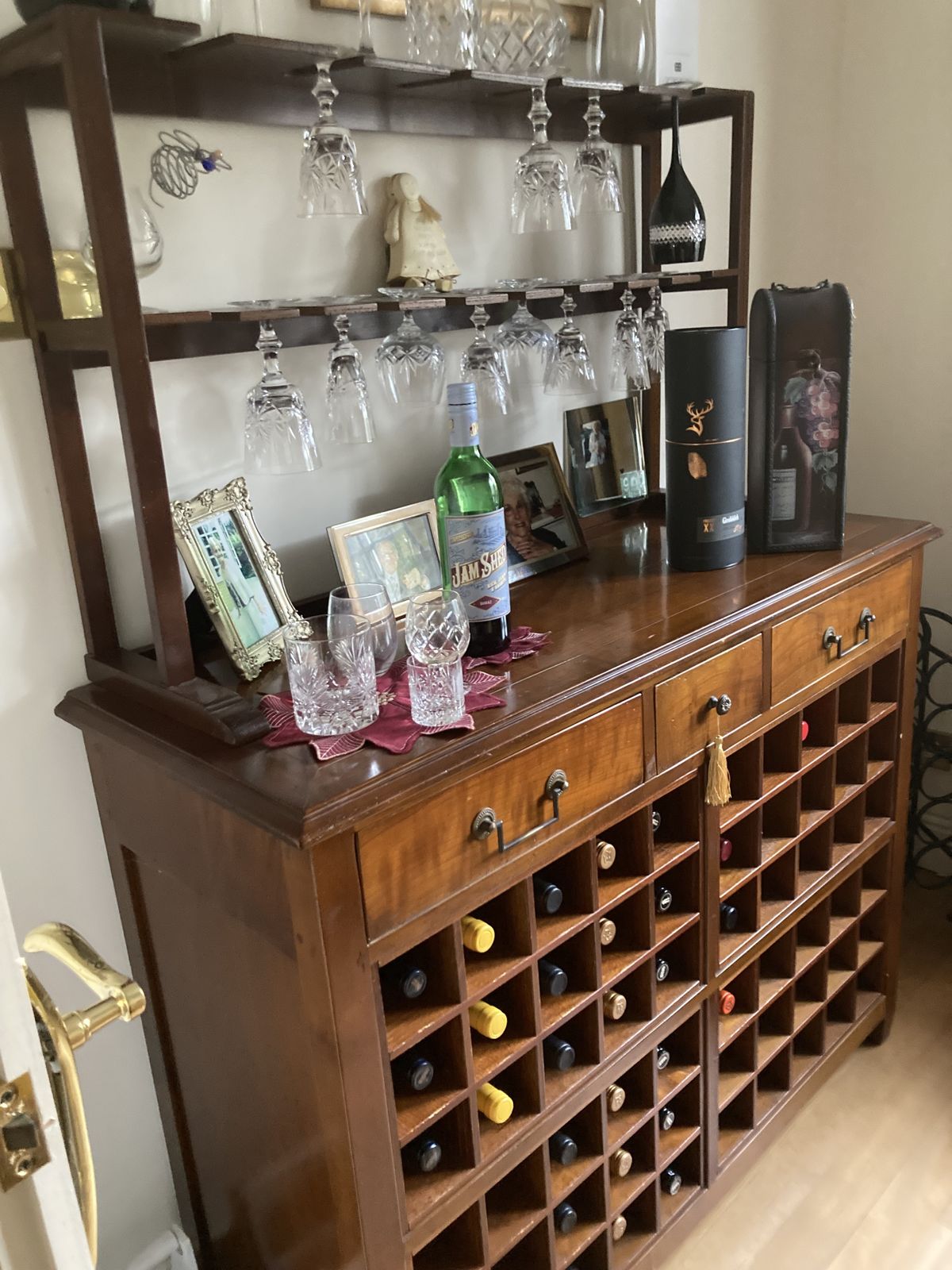 Grange Mahogany Wine Rack Cupboard With Three Draws, Two Tier Glass Stand Holds Up To 60 Bottles photo for sale