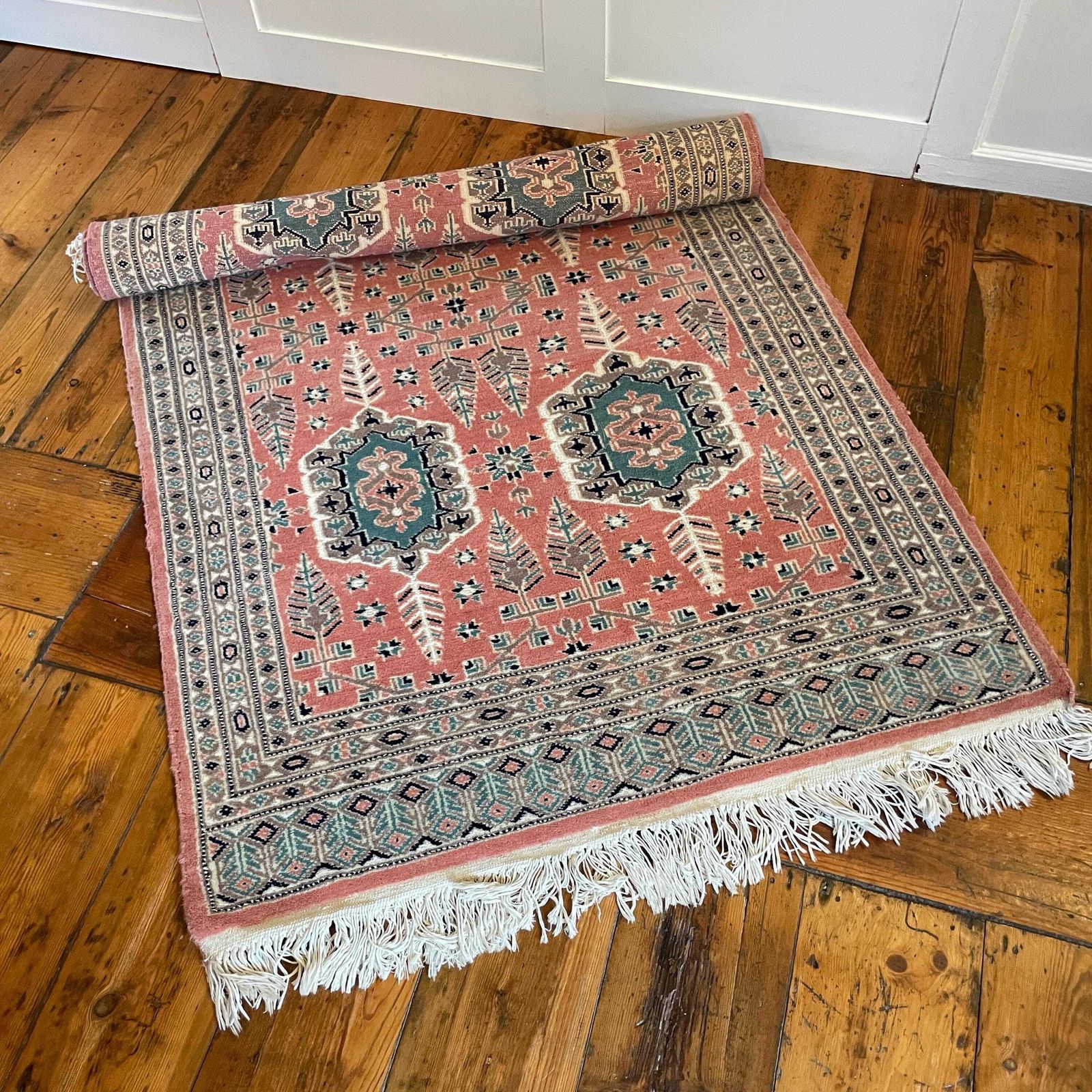 Antique Woven Rug Carpet Mat Rectangle Wool Vintage Pattern Bokhara Woven Floor Mat Handmade Textile Patterned Pattern 97x180cm Pink Blue