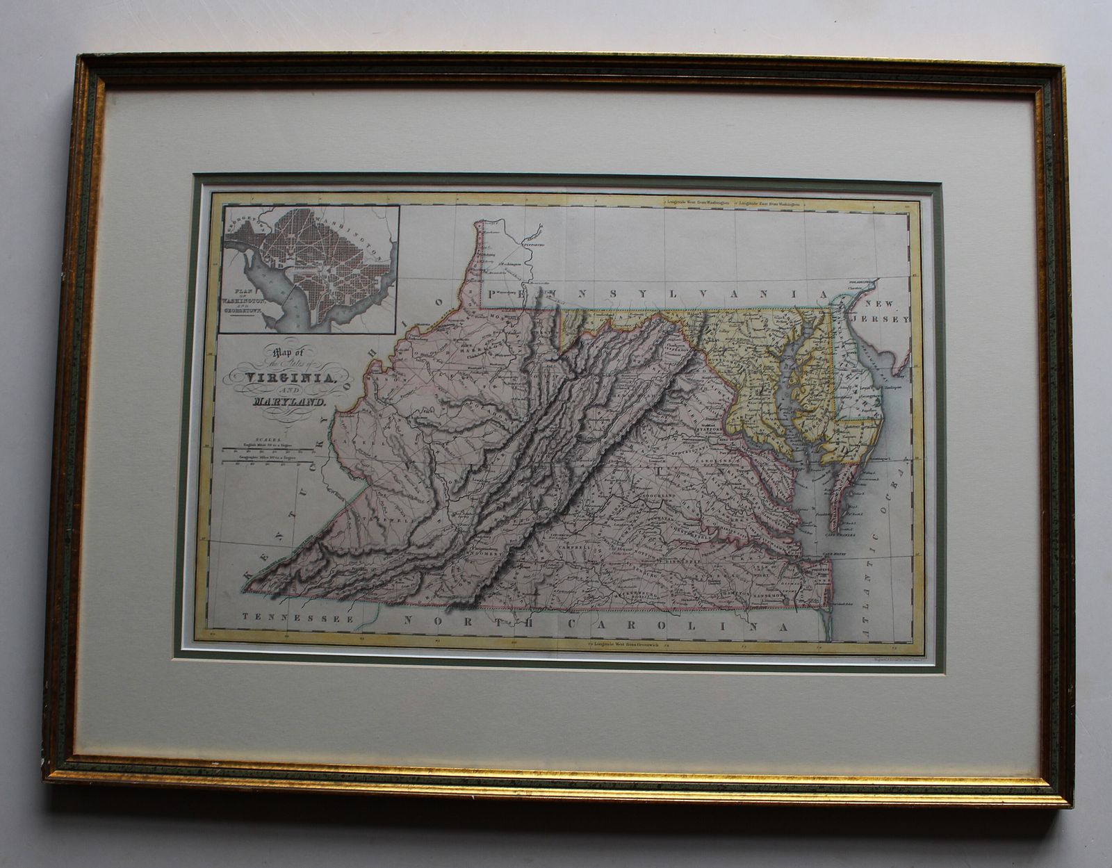 1831 Framed Hand Coloured Map Of Virginia And Maryland With Inset "Plan Of Washington And Georgetown" By John H. Hinton