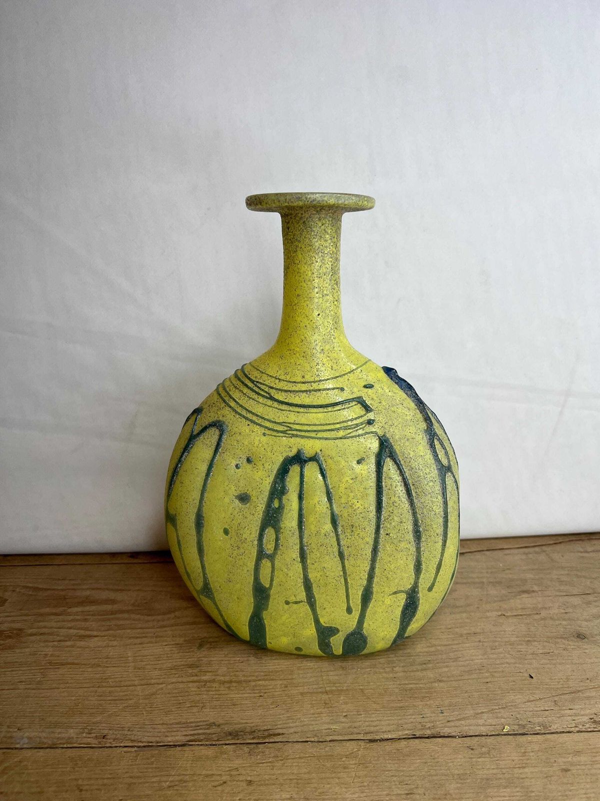 Vintage Murano Scavo Chunky Yellow Art Glass Vase Textured Sand Feel To It With Grey Trailed Design