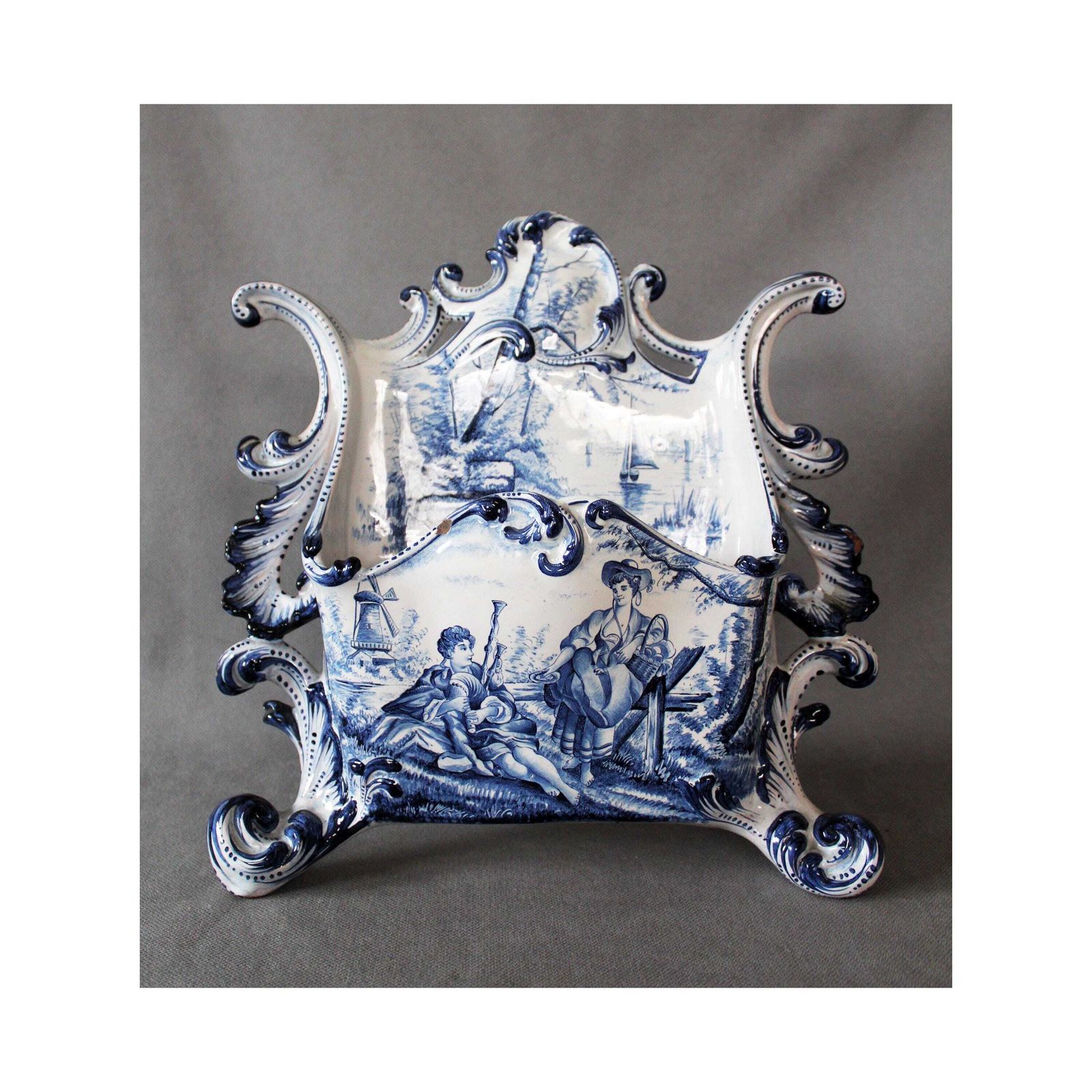Large 19th Century Delft Ceramic Enamel Letter Holder, Blue And White, Hand Painted, Signed, Bagpipe Musician Windmill Country Landscape