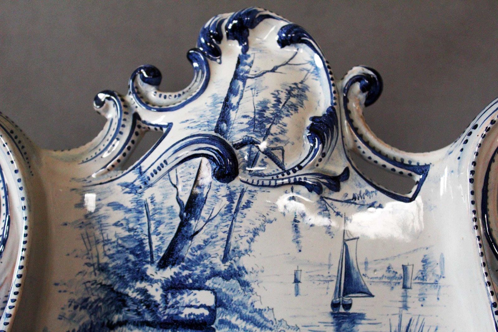Large 19th Century Delft Ceramic Enamel Letter Holder, Blue And White, Hand Painted, Signed, Bagpipe Musician Windmill Country Landscape photo for sale