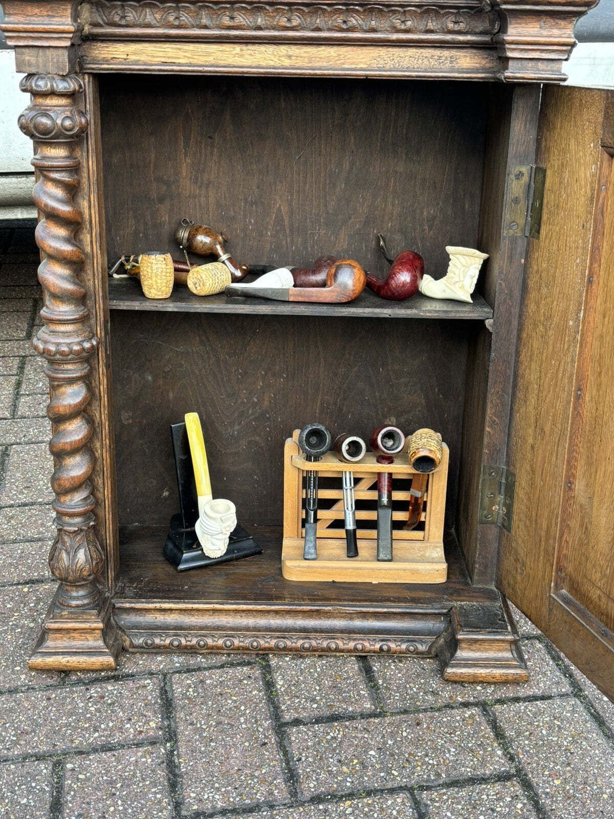 English Early Victorian Carved Smokers Cabinet With Pipe Collection Included. photo furniture