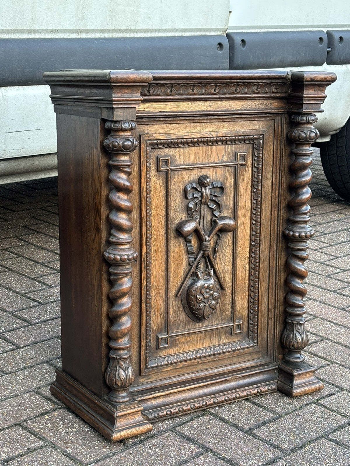 English Early Victorian Carved Smokers Cabinet With Pipe Collection Included. photo Furniture
