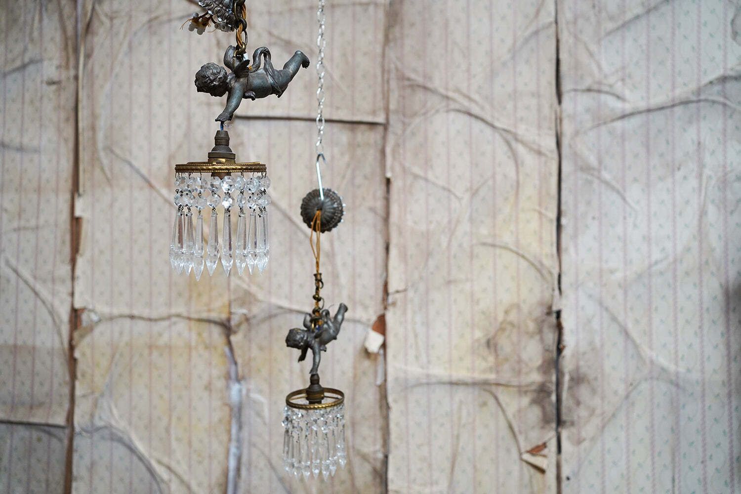 An Early 20thc Pair Of Spelter And Prism Glass Hanging Putti Pendants C.1900 10