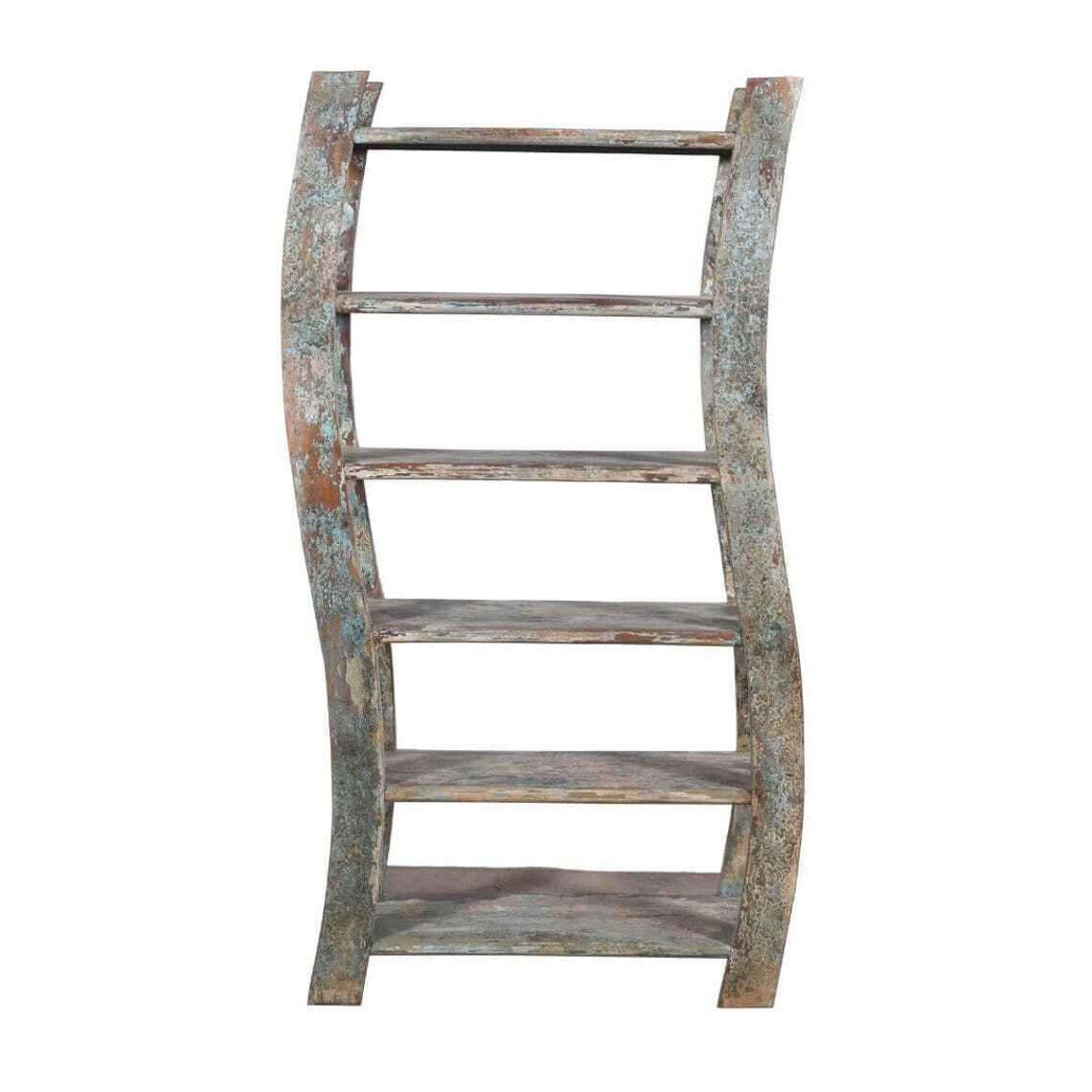 Antique Indian Teak Wood Bookcase   1930s Vintage Shelving Unit With Original Paint photo furniture