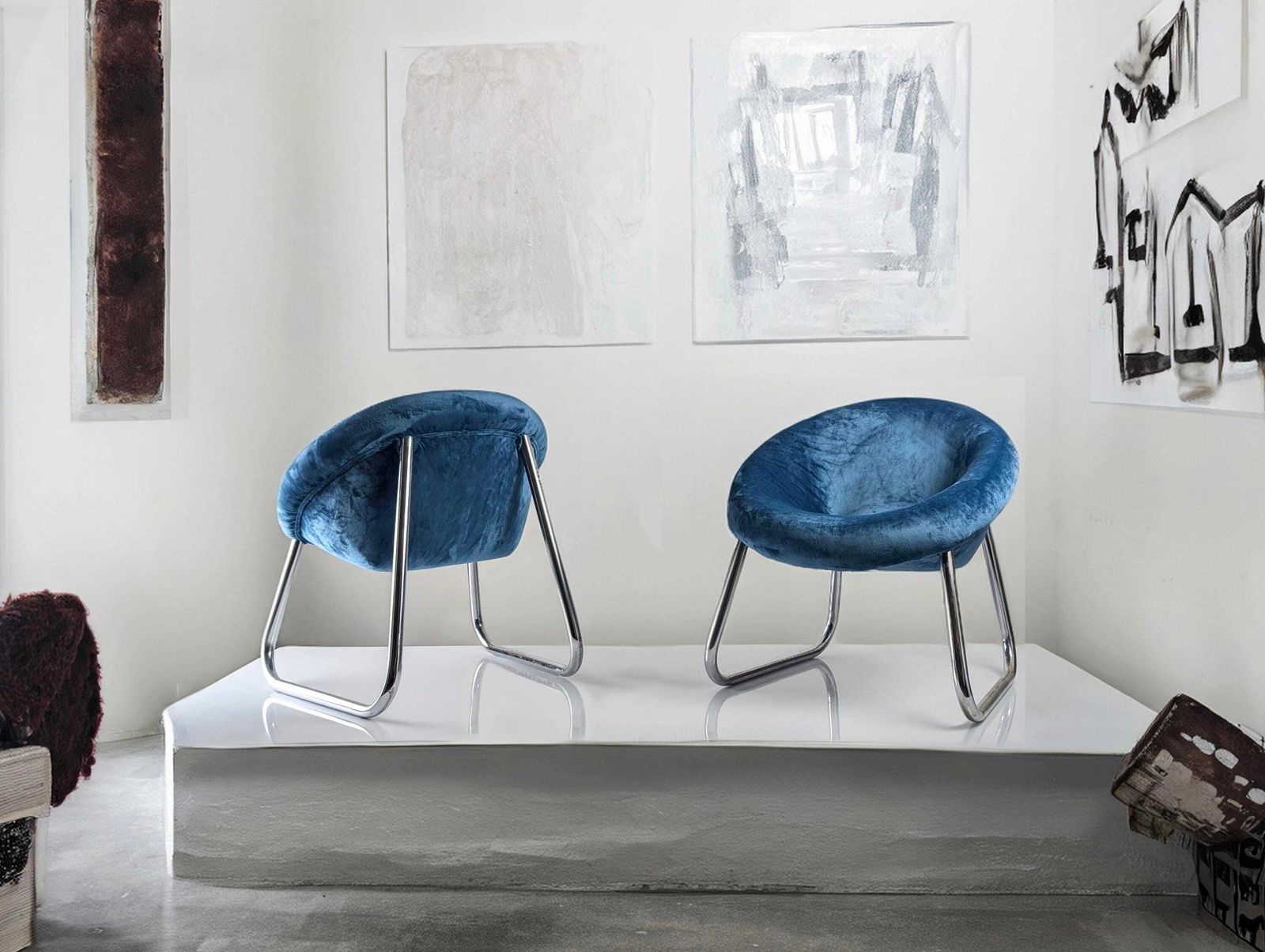 Pair Of Italian Armchairs In Chromed Metal And Blue Velvet, 1970s