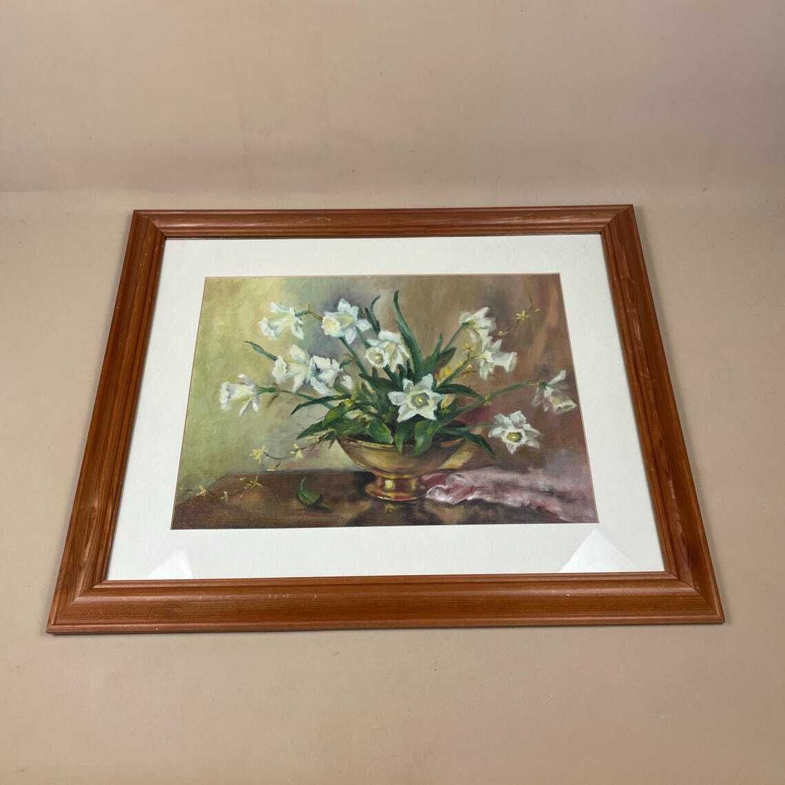 Antique Framed Floral Oil Painting Picture Vintage Flowers Wood Frame Painted Art Original Oils Oil Rectangle Landscape Spring Daffodils