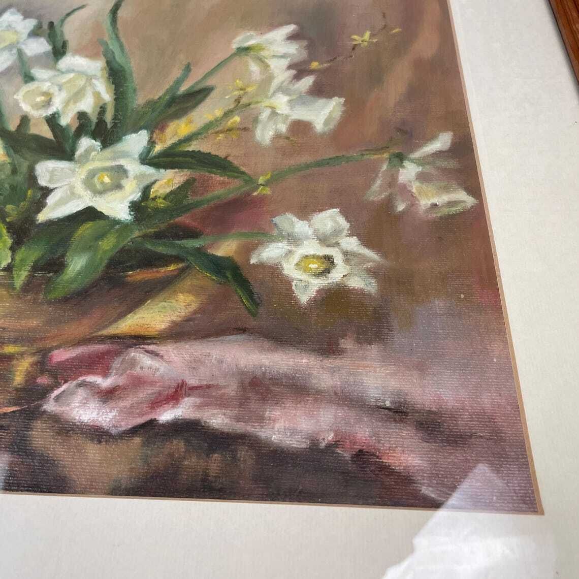 Antique Framed Floral Oil Painting Picture Vintage Flowers Wood Frame Painted Art Original Oils Oil Rectangle Landscape Spring Daffodils photo vinterior