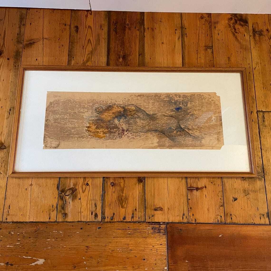 Antique Abstract Art Hand Painted Torso Body Picture Paper Vintage Framed Wood  Original Art Work Rectangle Landscape Paper Old Lady photo vinterior