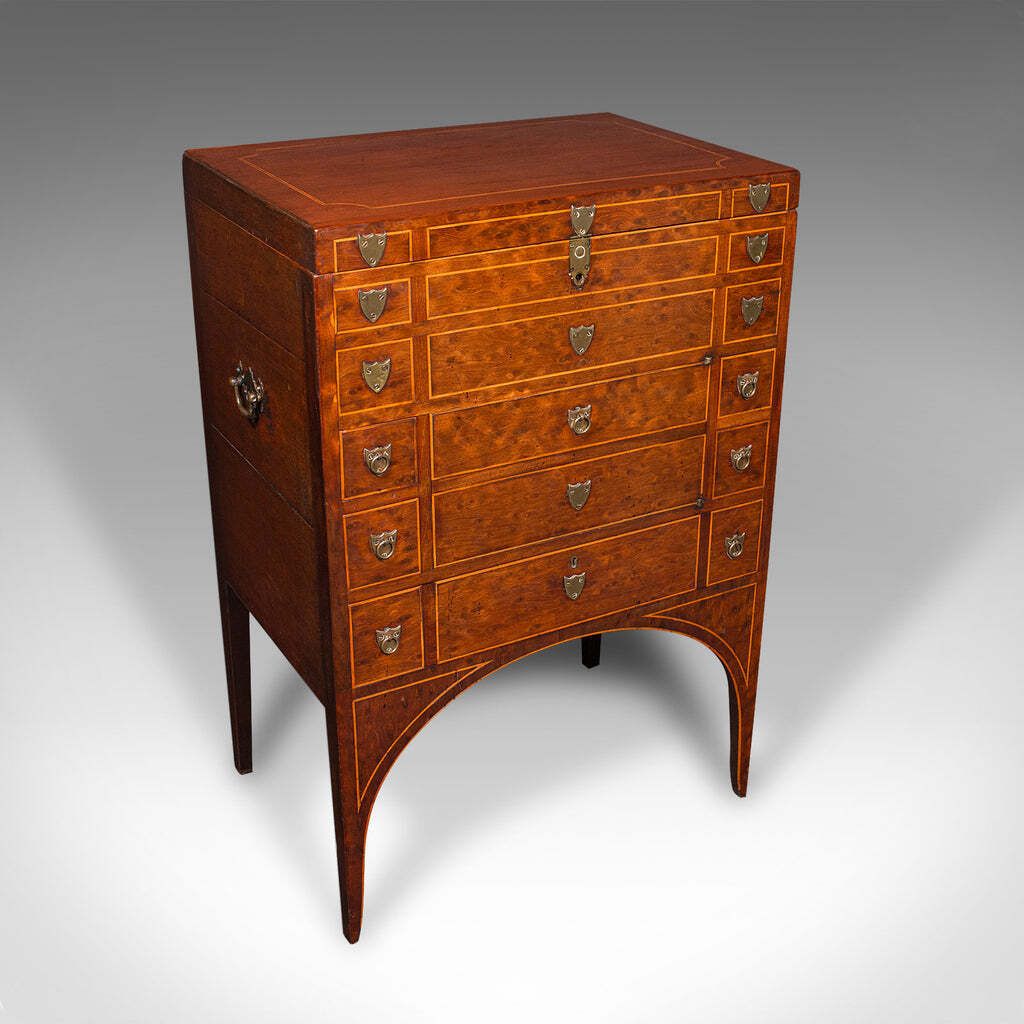 Antique Drawing Room Show Cabinet, English, Burr Walnut, Chest On Stand, Regency