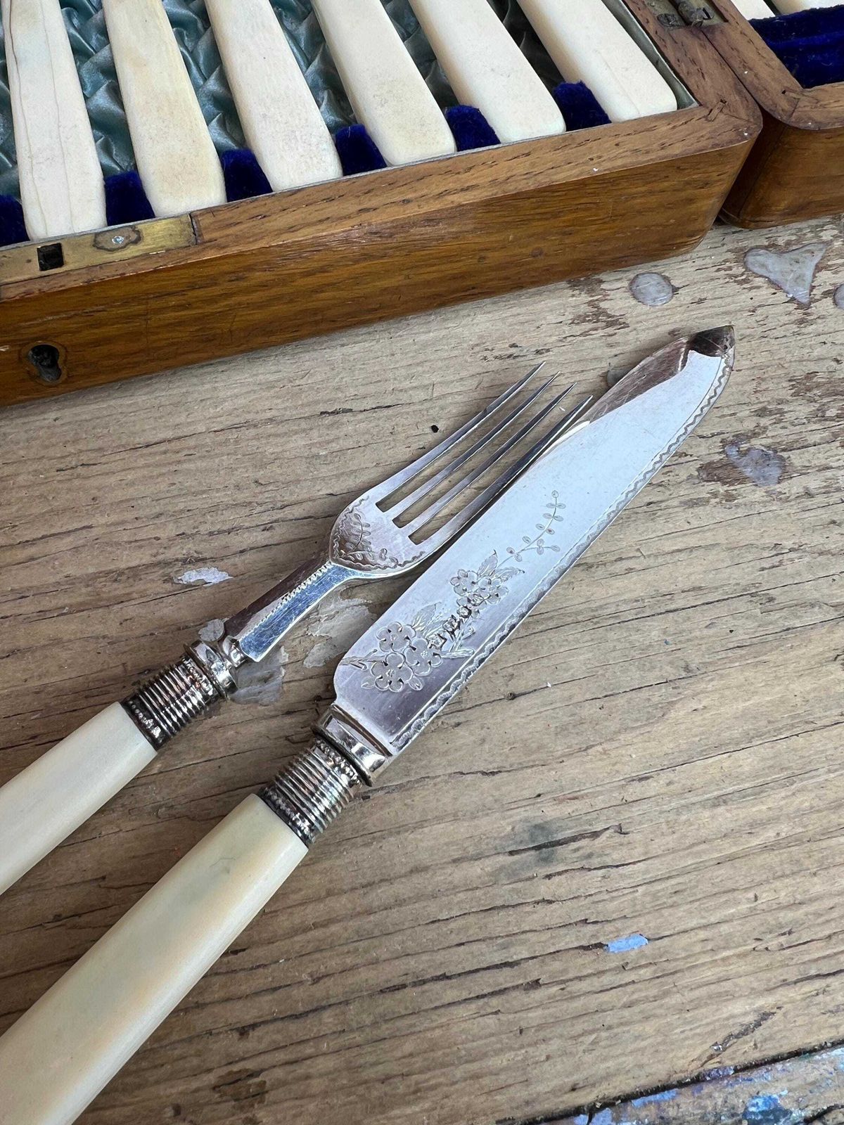 Vintage Double Boxed Set Of 12 Pairs Of Fish Cutlery With Celluloid Handles photo for sale