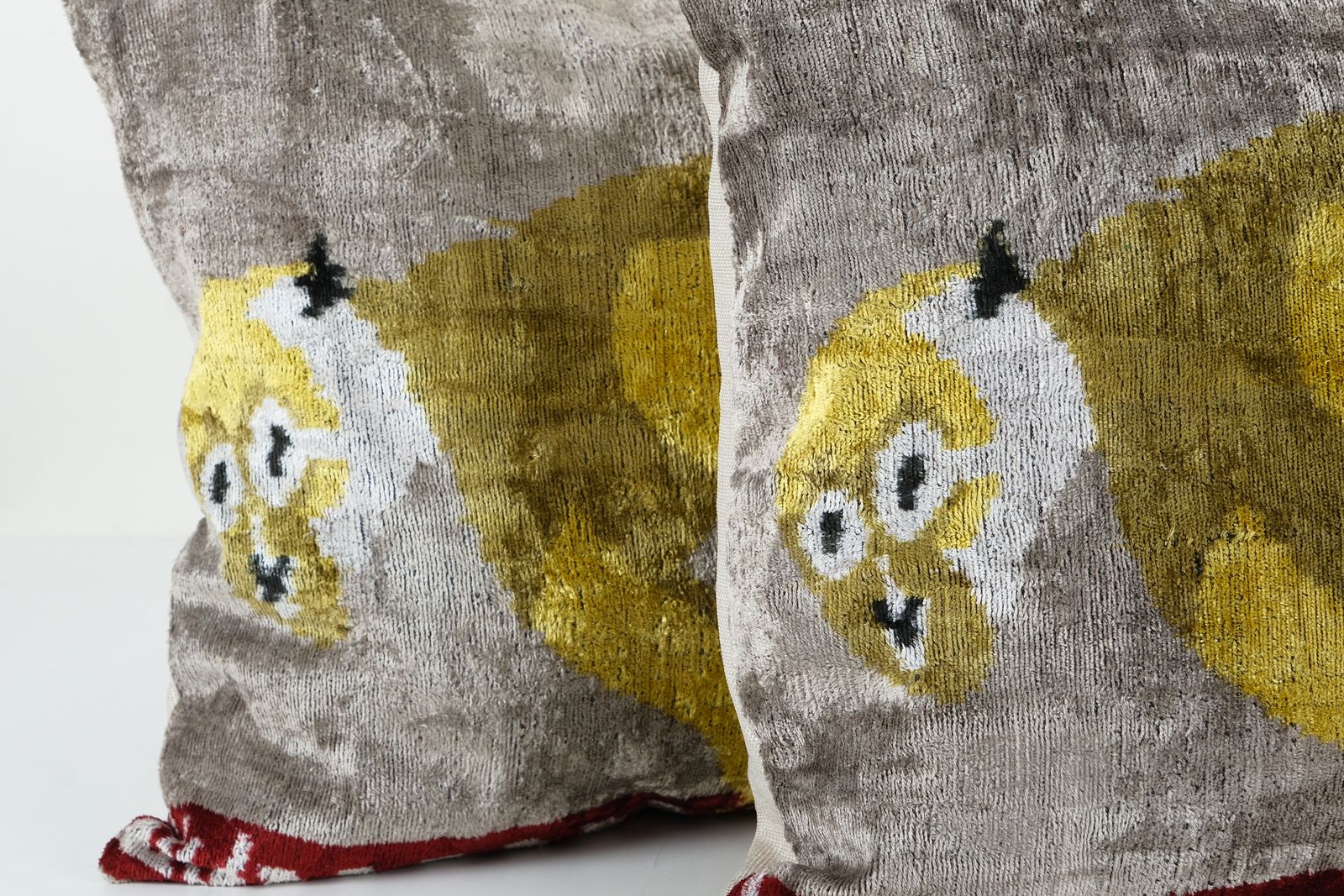 Gray And Yellow Monkey Design Silk Ikat Pillow   Set Of Three Handmade Velvet Decorative Cushion   Exotic Home Decor Bedding Pillowcase photo furniture