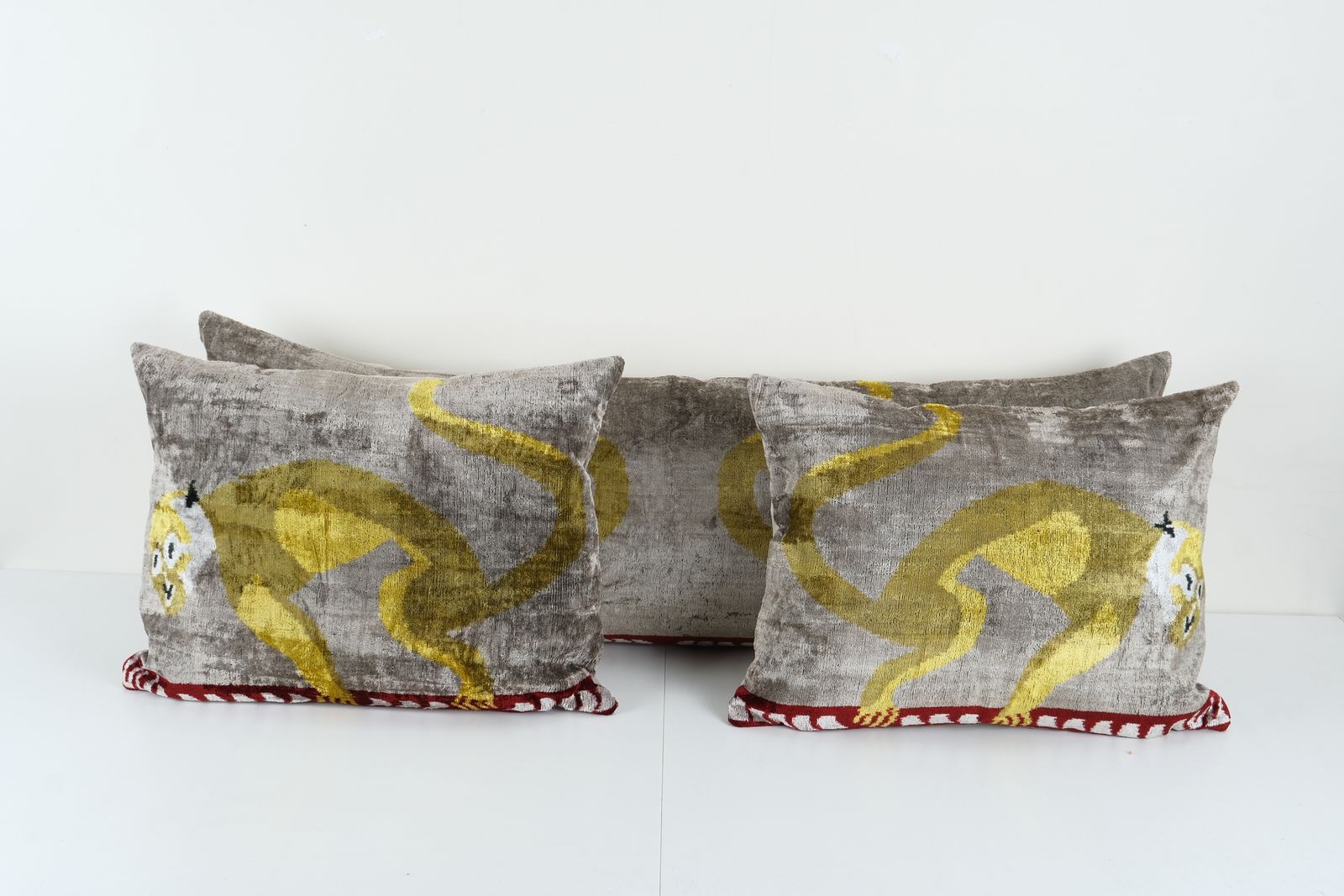 Gray And Yellow Monkey Design Silk Ikat Pillow   Set Of Three Handmade Velvet Decorative Cushion   Exotic Home Decor Bedding Pillowcase
