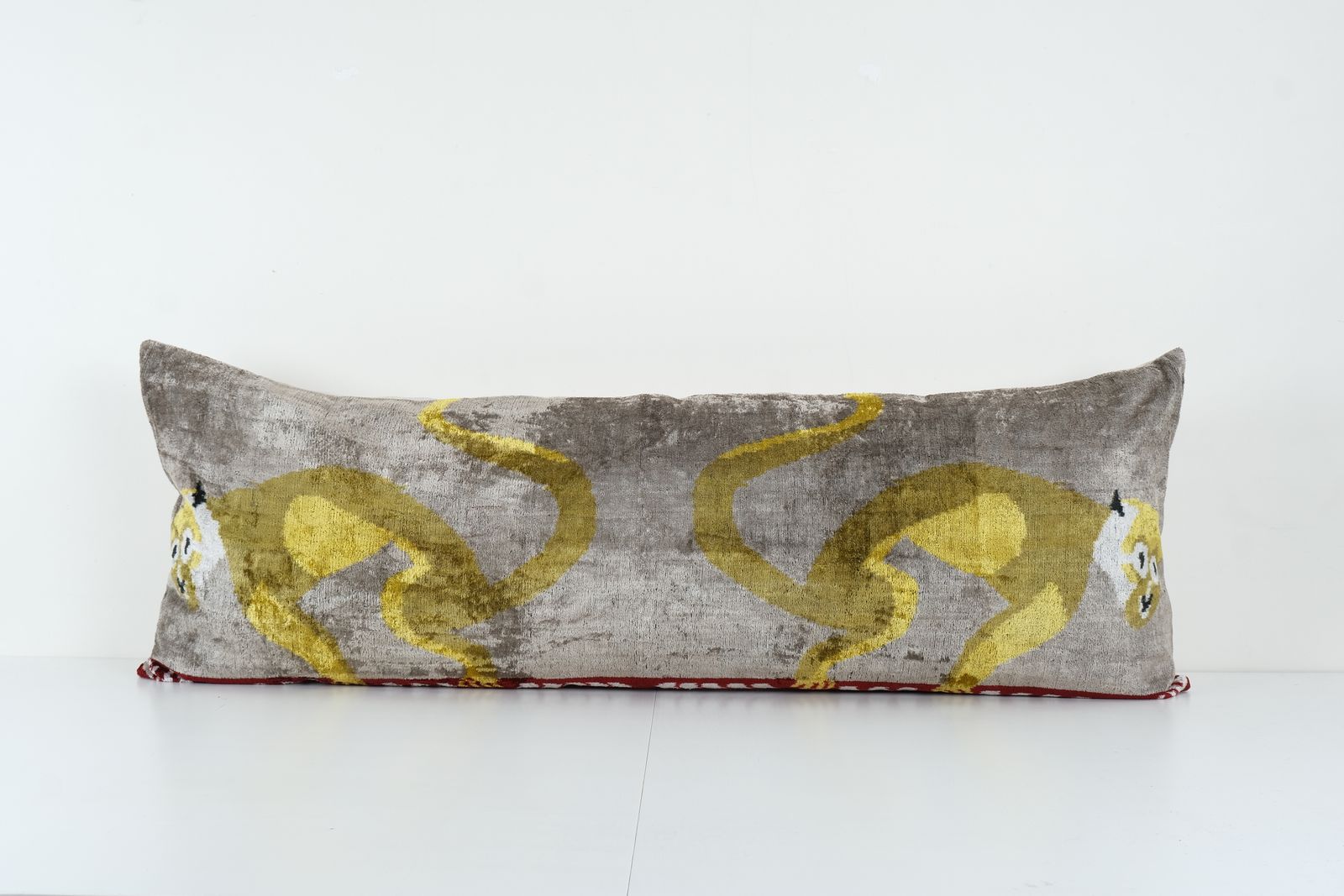 Monkey Design Gold Extra Long Ikat Velvet Pillow, Animal Printed Lumbar Pillows, Green Pictorial Design Bedding Cushion