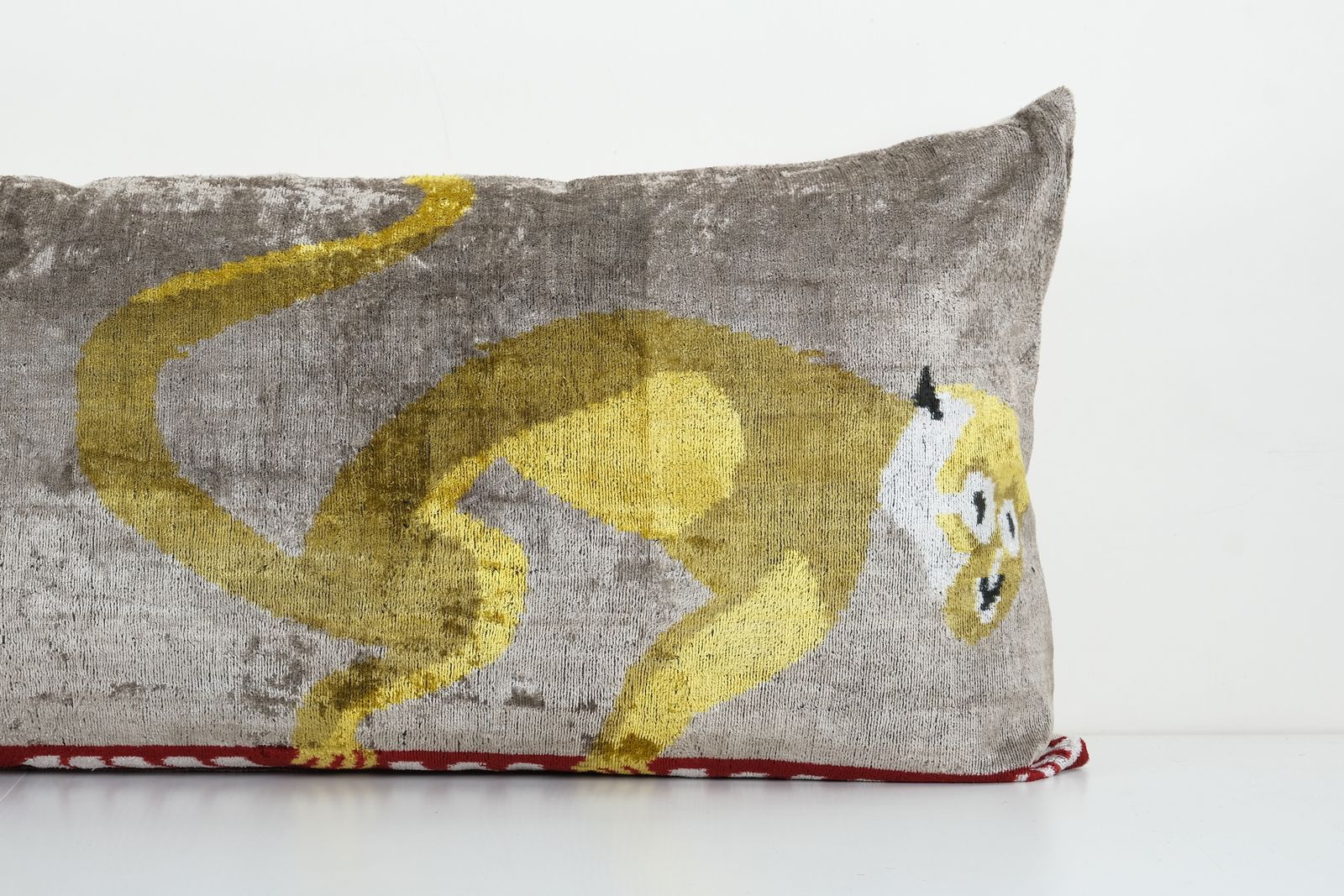 Monkey Design Gold Extra Long Ikat Velvet Pillow, Animal Printed Lumbar Pillows, Green Pictorial Design Bedding Cushion photo furniture