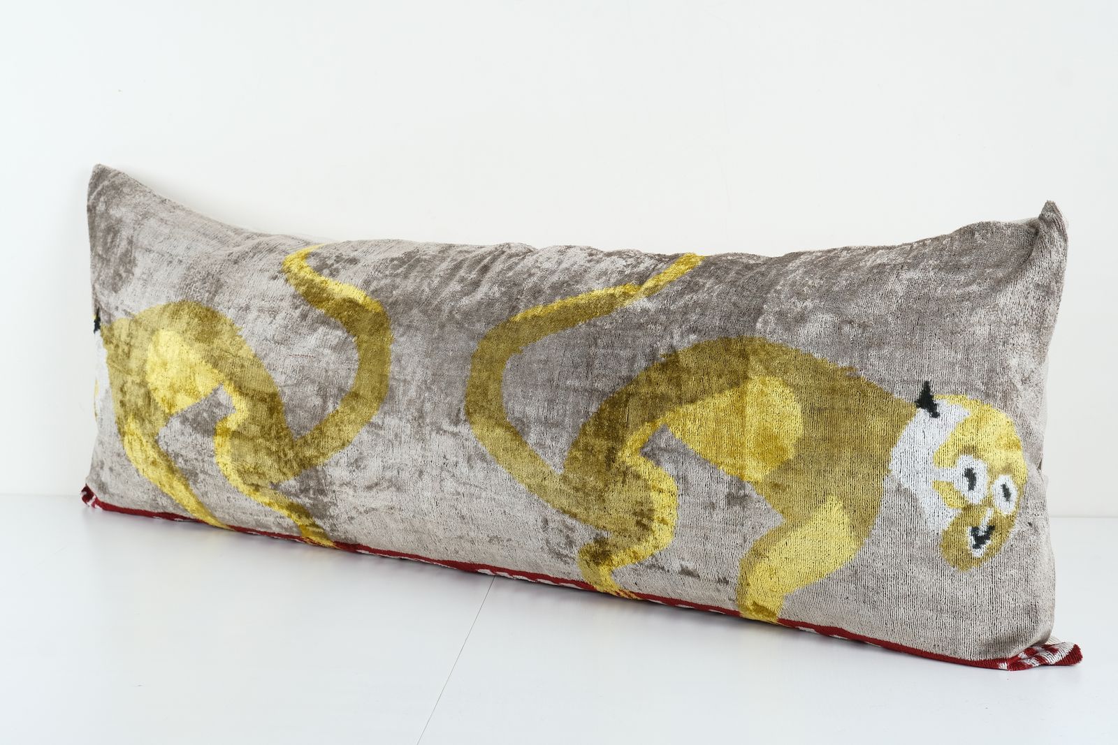Monkey Design Gold Extra Long Ikat Velvet Pillow, Animal Printed Lumbar Pillows, Green Pictorial Design Bedding Cushion photo for sale