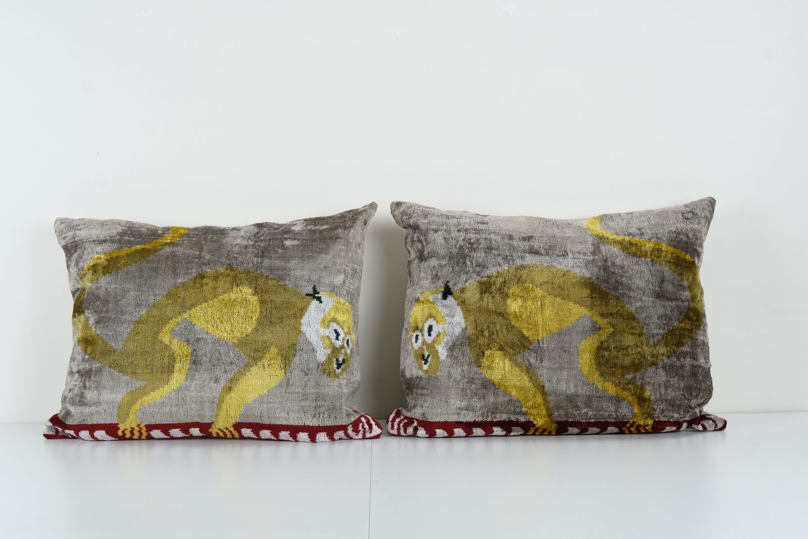 Silk Ikat Velvet Pillow With Monkey Design   Set Of Two Handmade Cushion Cover   Pair Interior Designer Home Decor