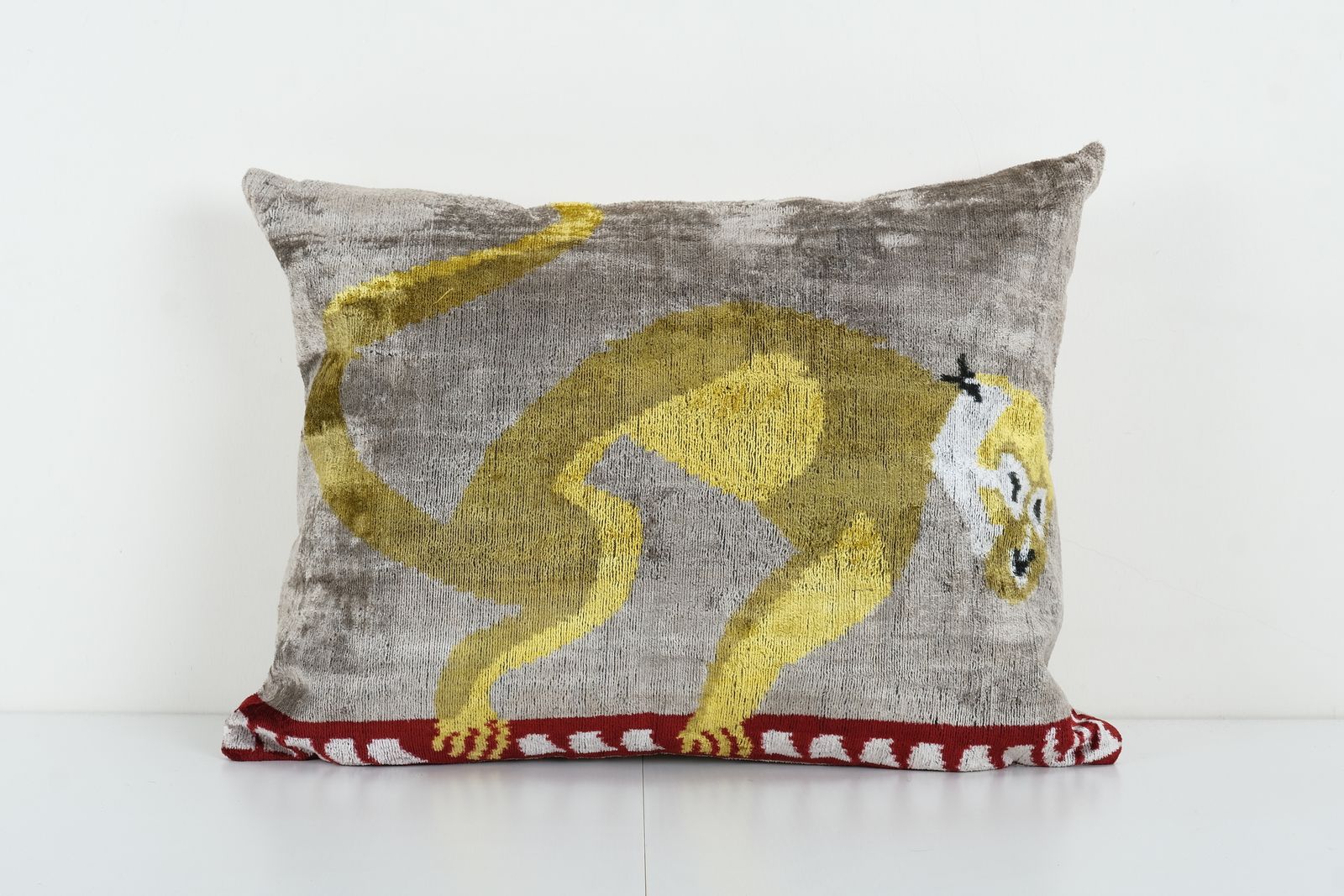 Monkey Design Silk Ikat Pillow   Handmade Decorative Velvet Cushion   Gray And Yellow Exotic Home Decor Custion