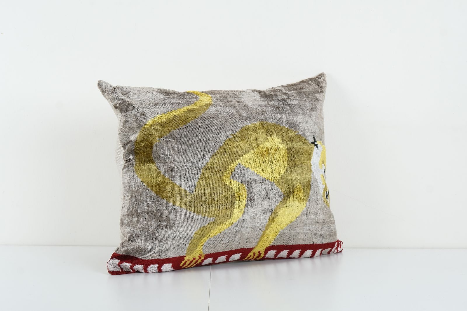 Monkey Design Silk Ikat Pillow   Handmade Decorative Velvet Cushion   Gray And Yellow Exotic Home Decor Custion photo for sale