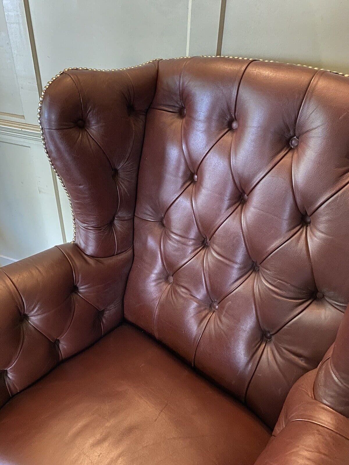 Antique Early C20th Button Wing Back Brown Leather Chesterfield Armchair photo 1195.0