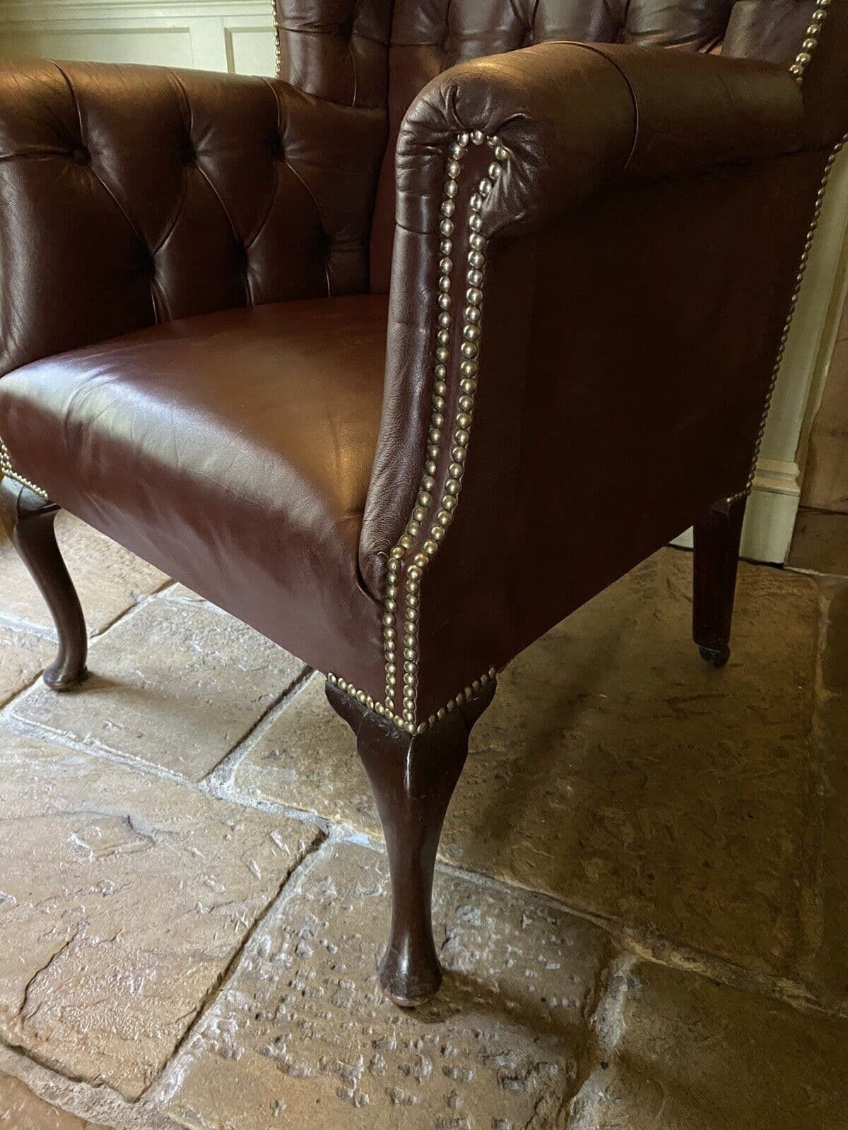 Antique Early C20th Button Wing Back Brown Leather Chesterfield Armchair photo vinterior